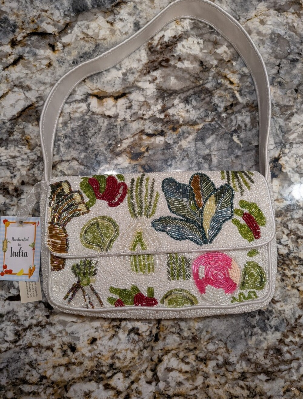 Viral Handcrafted Beaded White Crossbody Bag with Garden Vegetable Design-NWT!